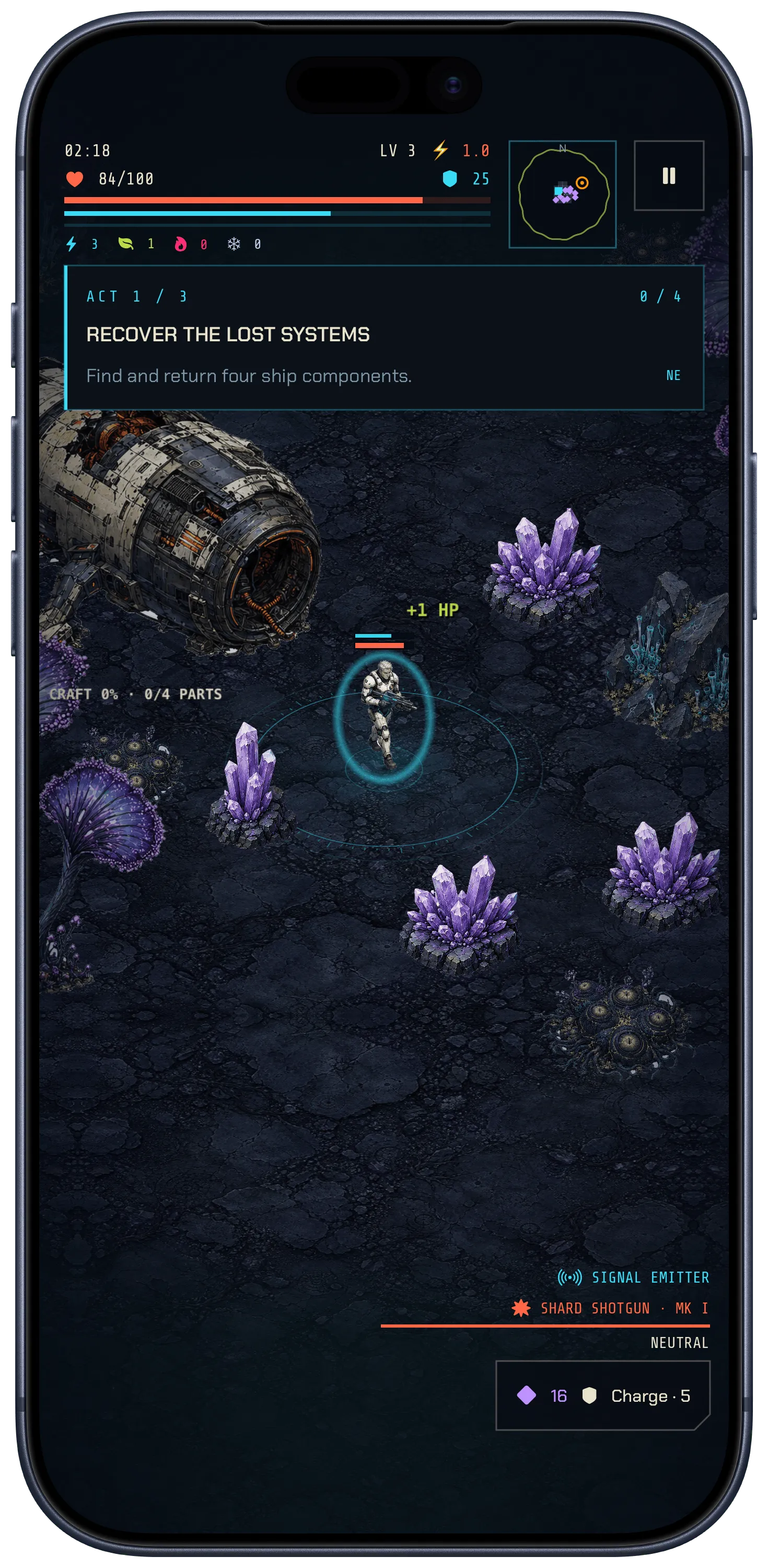 Wrecklight arena: the pilot beside the crashed craft in a basalt hollow, with hull, shields, objective and minimap along the top