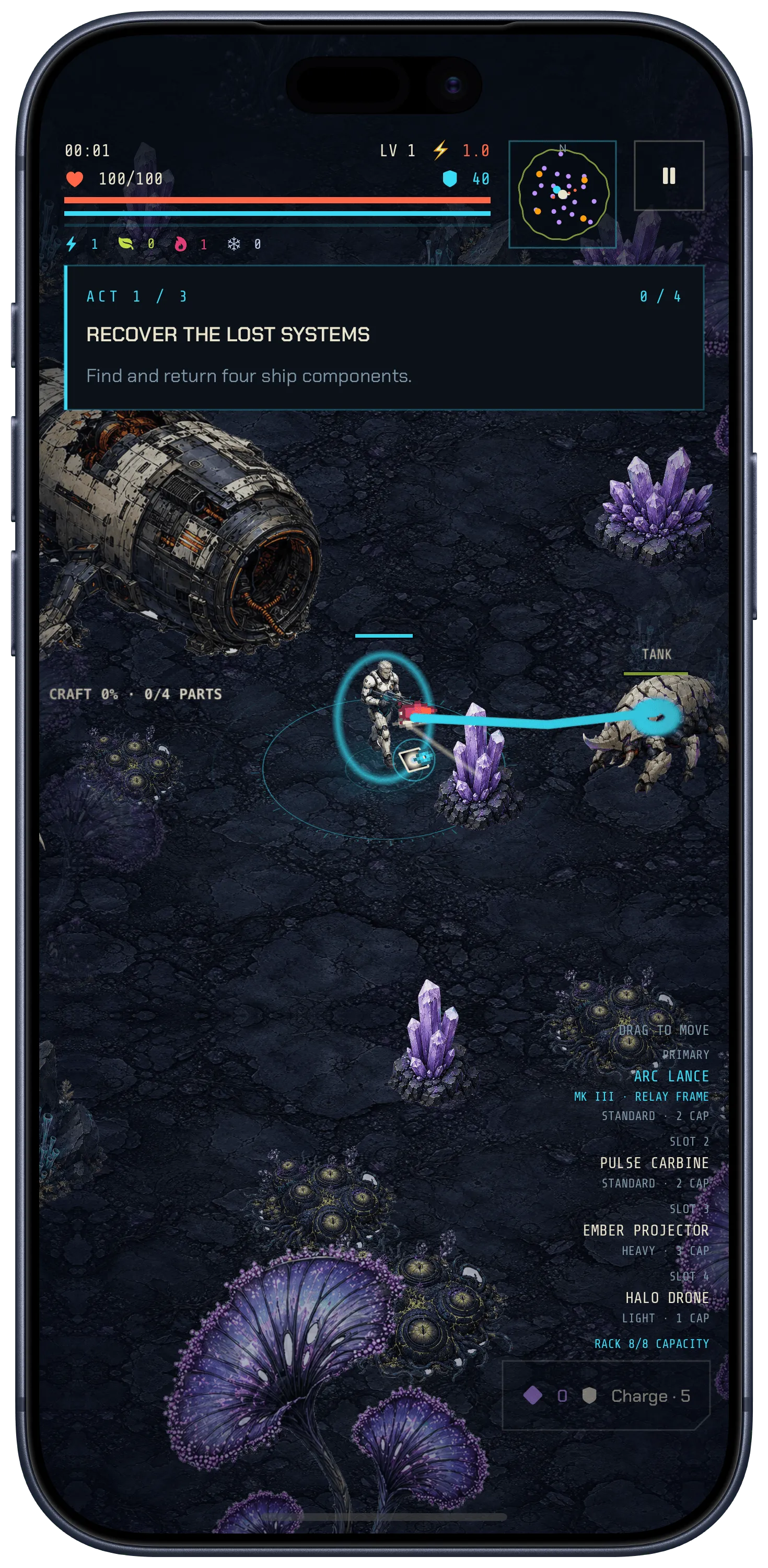 Wrecklight arena with the armoury readout open, showing Arc Lance Mk III, Pulse Carbine, Ember Projector and Halo Drone