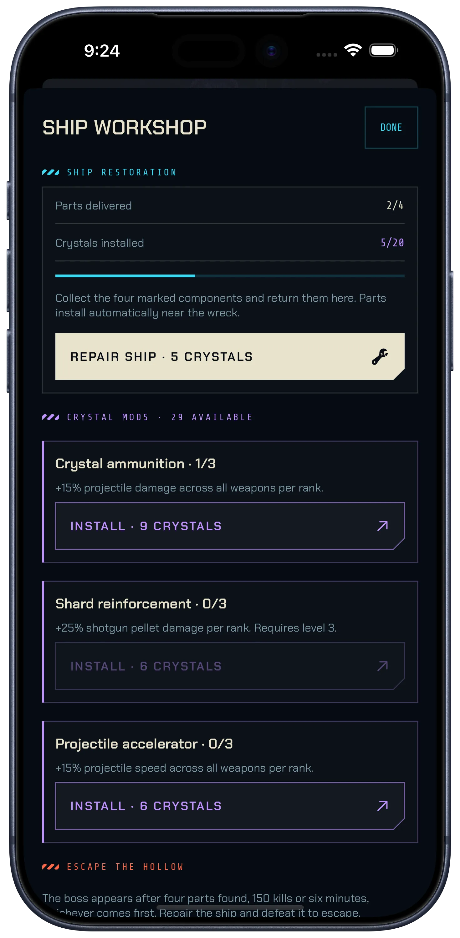 Wrecklight ship workshop: parts delivered, crystals installed, a repair action and three crystal modifications