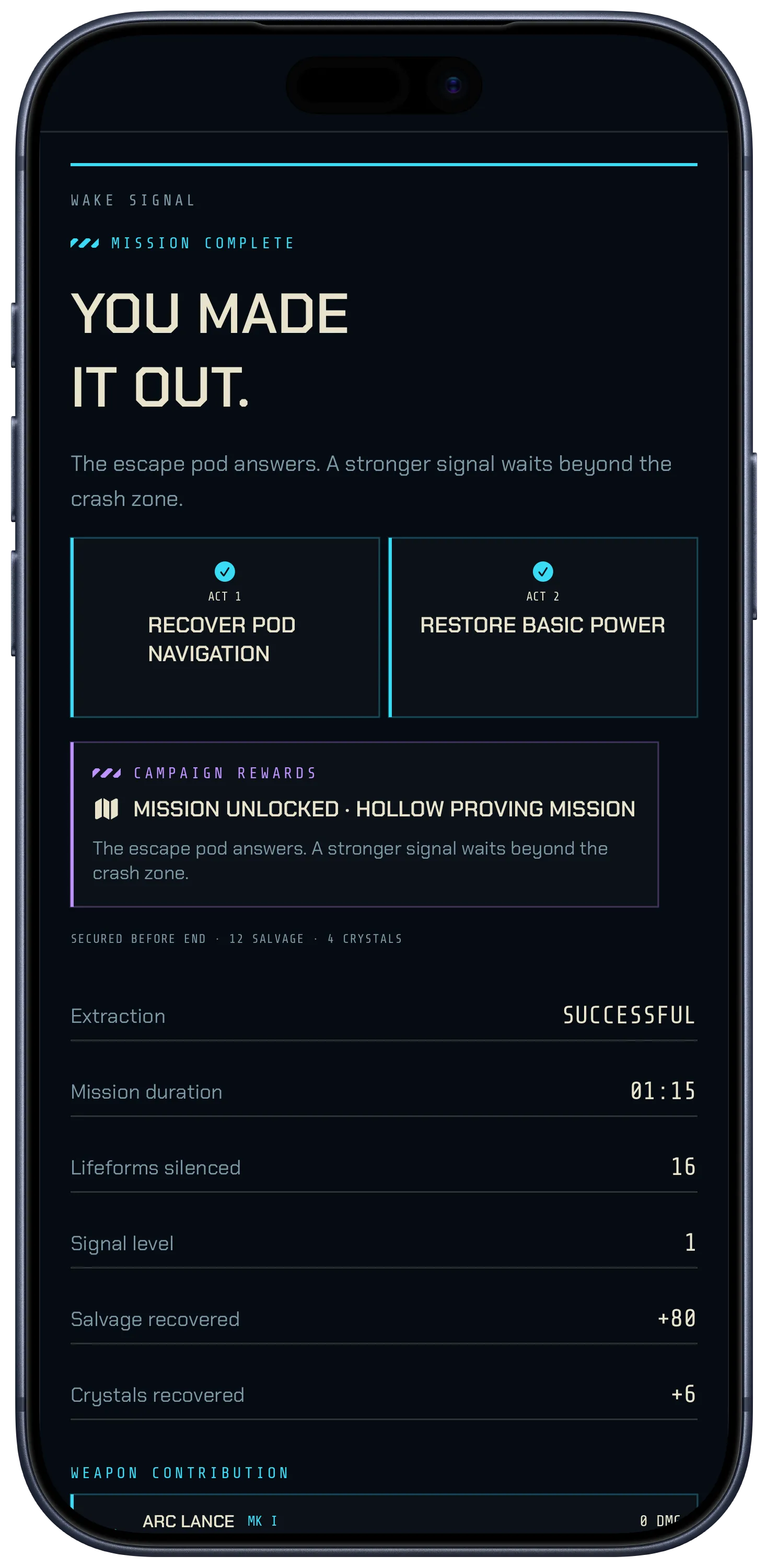Wrecklight results screen reading You made it out, with extraction successful, duration, salvage and crystals recovered