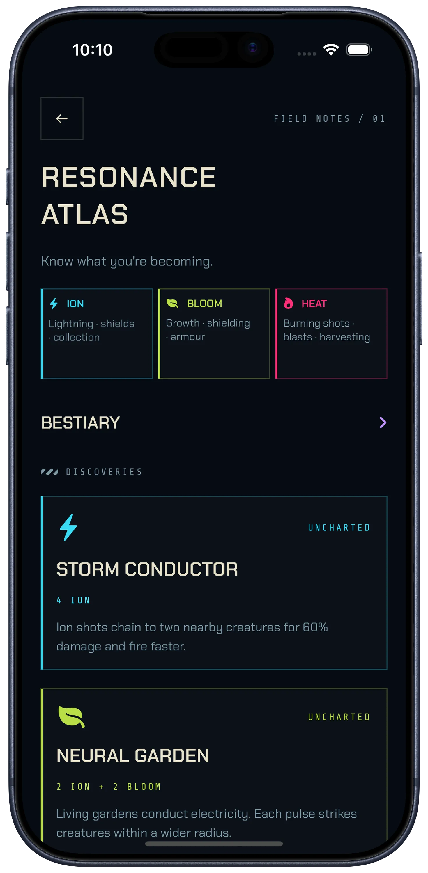 Wrecklight Resonance Atlas showing Ion, Bloom and Heat frequencies with Storm Conductor and Neural Garden discoveries